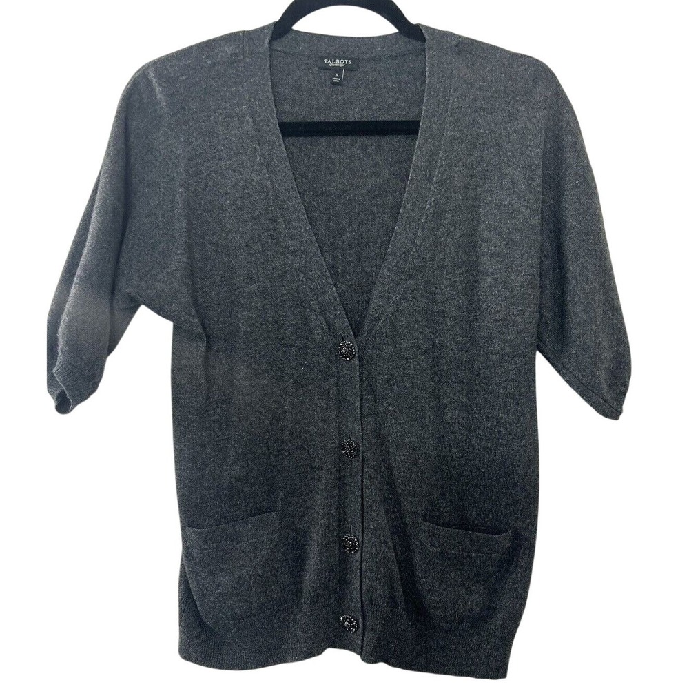 Talbots Womens Charcoal Grey Wool Cashmere Blend Short Sleeve Cardigan Sweater S